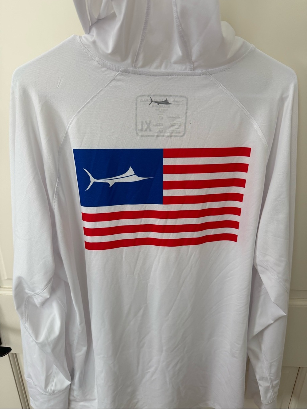 Performance White Sun Hoodie Shirt with Marlin Flag Graphic